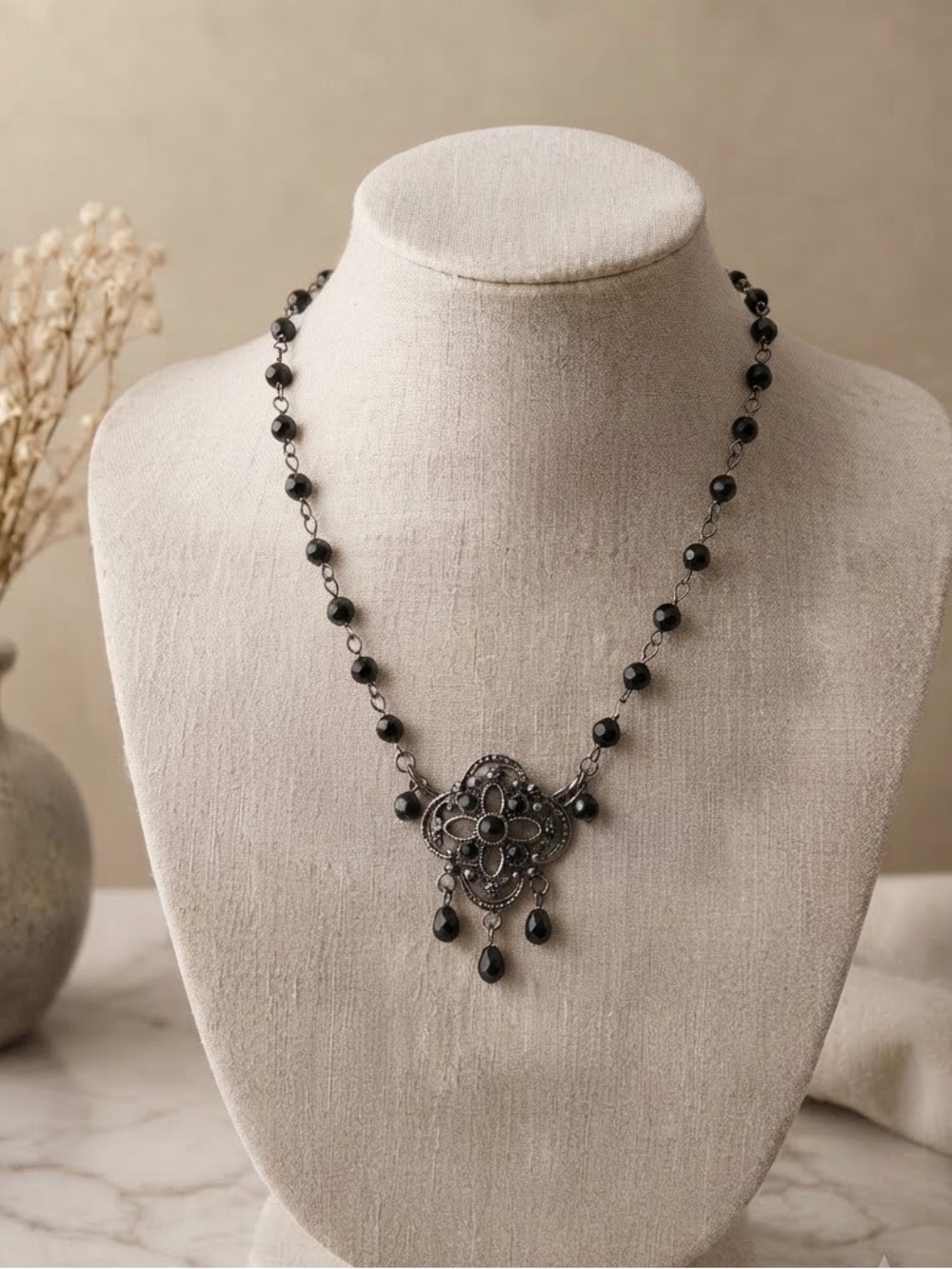 Steve Madden Dark Silver Gothic Rhinestone & Glass Bead Choker Necklace